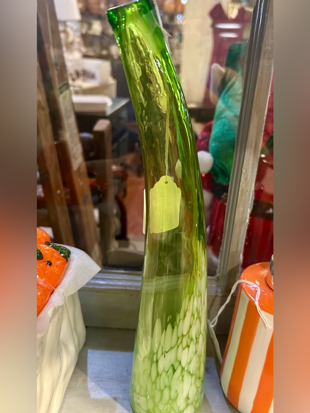 Handblown Tall Curved Green Art Glass Vase